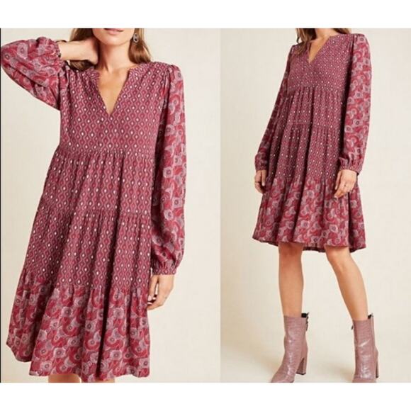 Maeve By Anthropologie Amber Tiered Tunic Dress XS Wine Burgundy Babydoll Boho - Picture 1 of 12